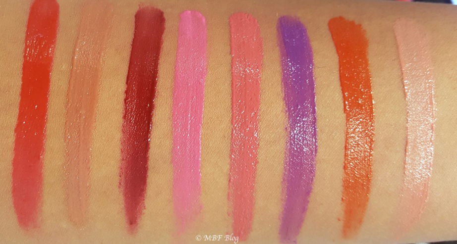 All L'Oreal Infallible Lip Paints 8 Shades Review, Swatches Red Actually Apocalypse Red King Pink Darling Pink Wuthering Purple Tangerine Orange Hollywood Beige MBF