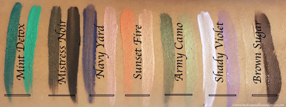 All L’Oreal Infallible Liquid Eyeshadow Paint Shades Review, Swatches Mint Detox Mistress Noir Navy Yard Sunset Fire Army Camo Shady Violet Brown Sugar
