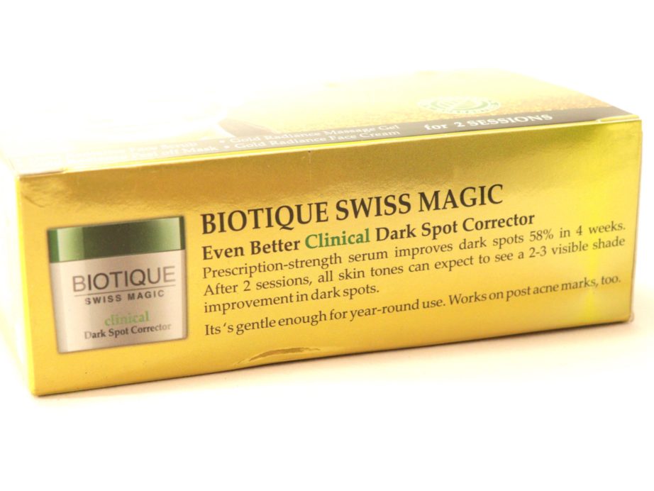 Biotique Gold Radiance Facial Kit with Gold Bhasma Review, Swatches Dark Spot Corrector