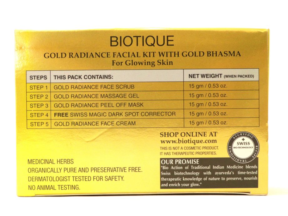Biotique Gold Radiance Facial Kit with Gold Bhasma Review, Swatches Info