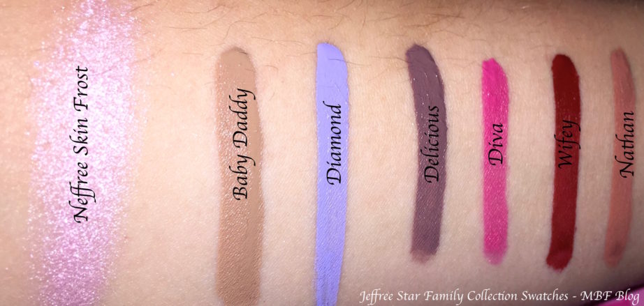 Jeffree Star Family Collection All Velour Liquid Lipsticks Skin Frost Highlighter Swatches Neffree Nathan Wifey Diva Diamond Delicious Baby Daddy