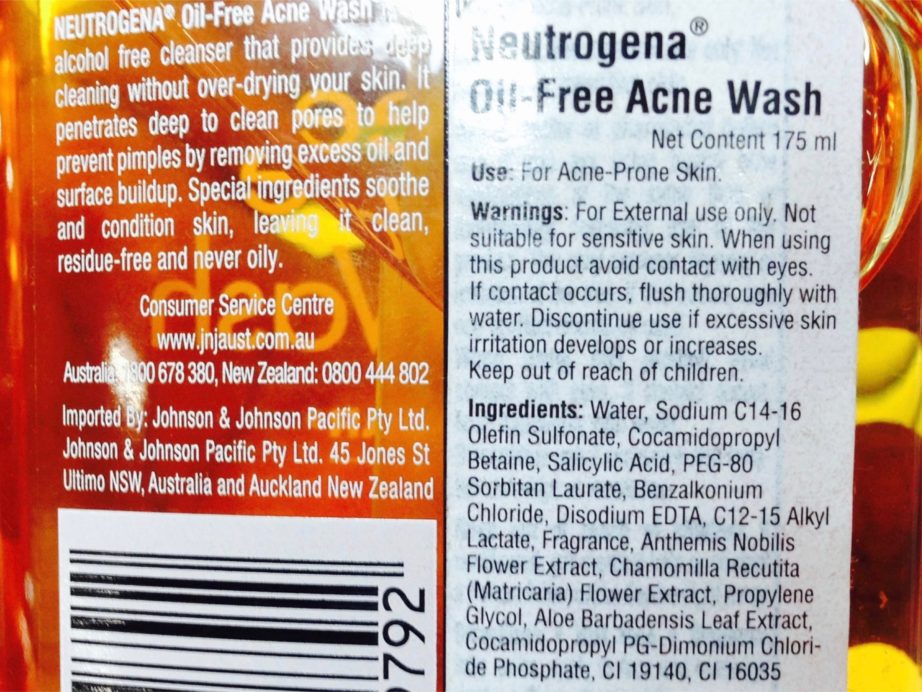 Neutrogena Oil Free Acne Face Wash with Salicylic Acid Review Ingredients