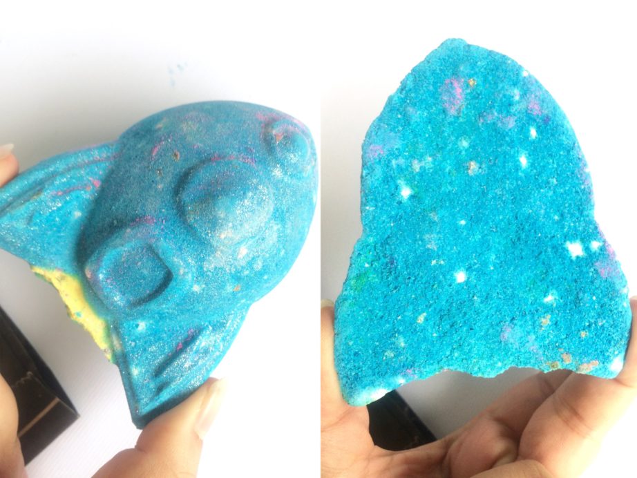 LUSH Rocket Science Bath Bomb Review, Demo front back