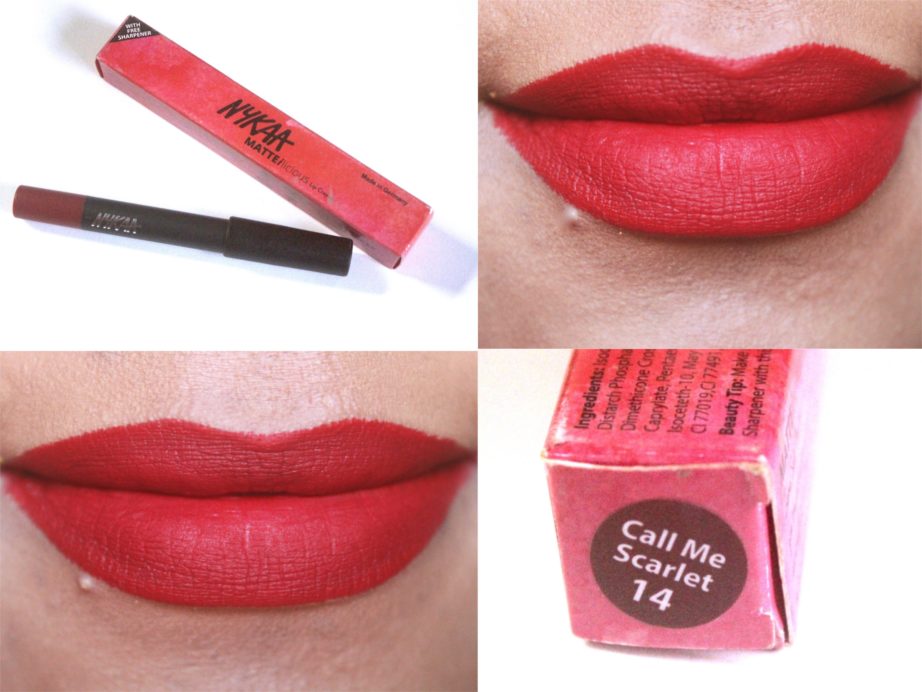 Nykaa Call Me Scarlet Matteilicious Lip Crayon Review, Swatches on Lips MBF Blog