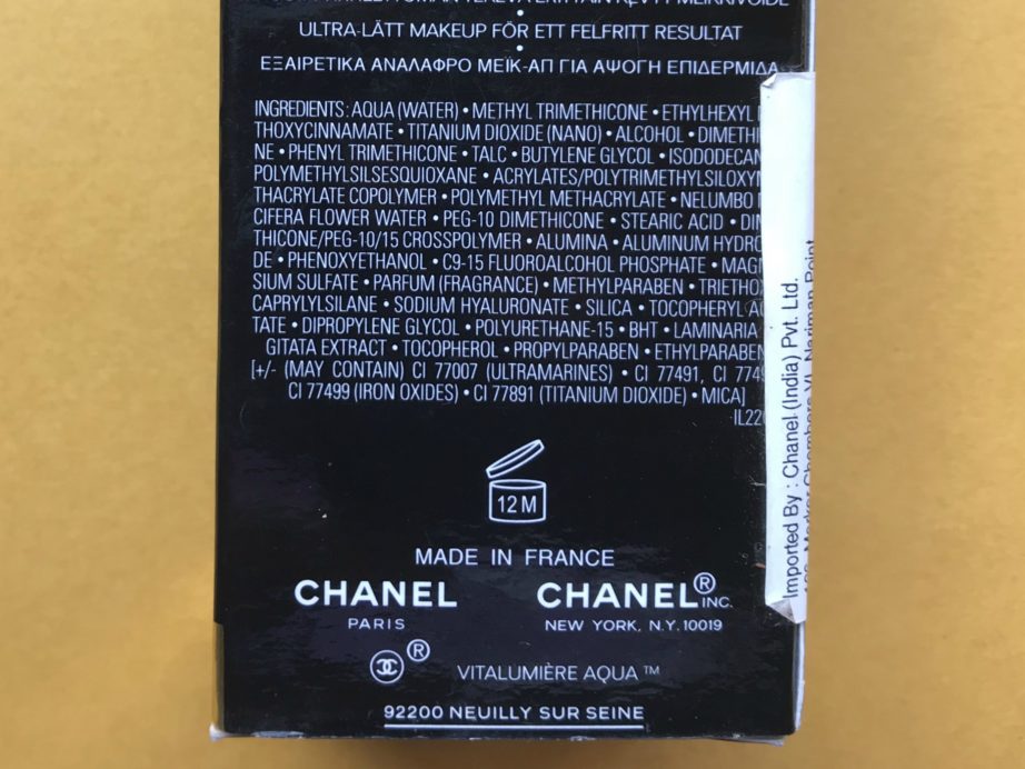 Chanel VitalumièRe Aqua Ultra Light Skin Perfecting Makeup SPF 15 Foundation Review, Swatches Ingredients