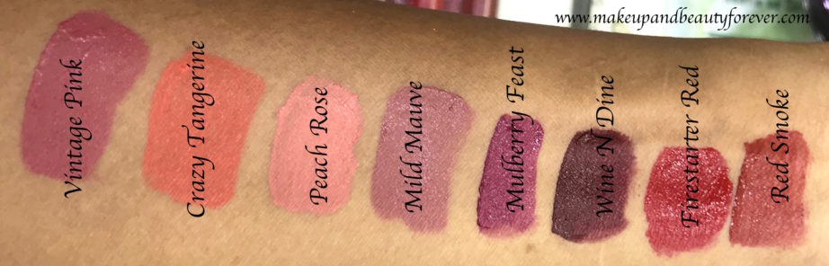 All Lakme Absolute Matte Melt Liquid Lip Color Lipsticks 8 Shades Review, Swatches Vintage Pink, Crazy Tangerine, Peach Rose, Mild Mauve, Mulberry Feast, Wine N Dine, Firestarter Red, Red Smoke
