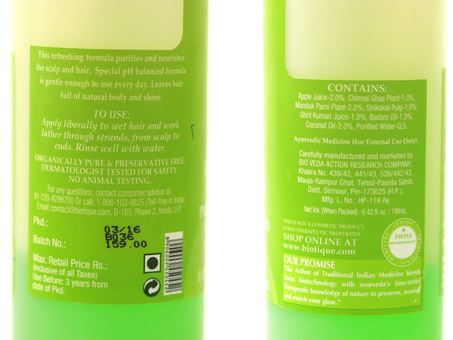Biotique Bio Green Apple Fresh Daily Purifying Shampoo & Conditioner Review, Swatches details
