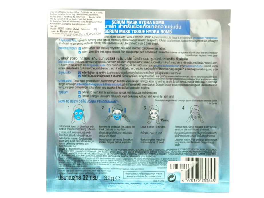 Garnier Hydra Bomb Super Hydrating Replumping Tissue Serum Mask Review details