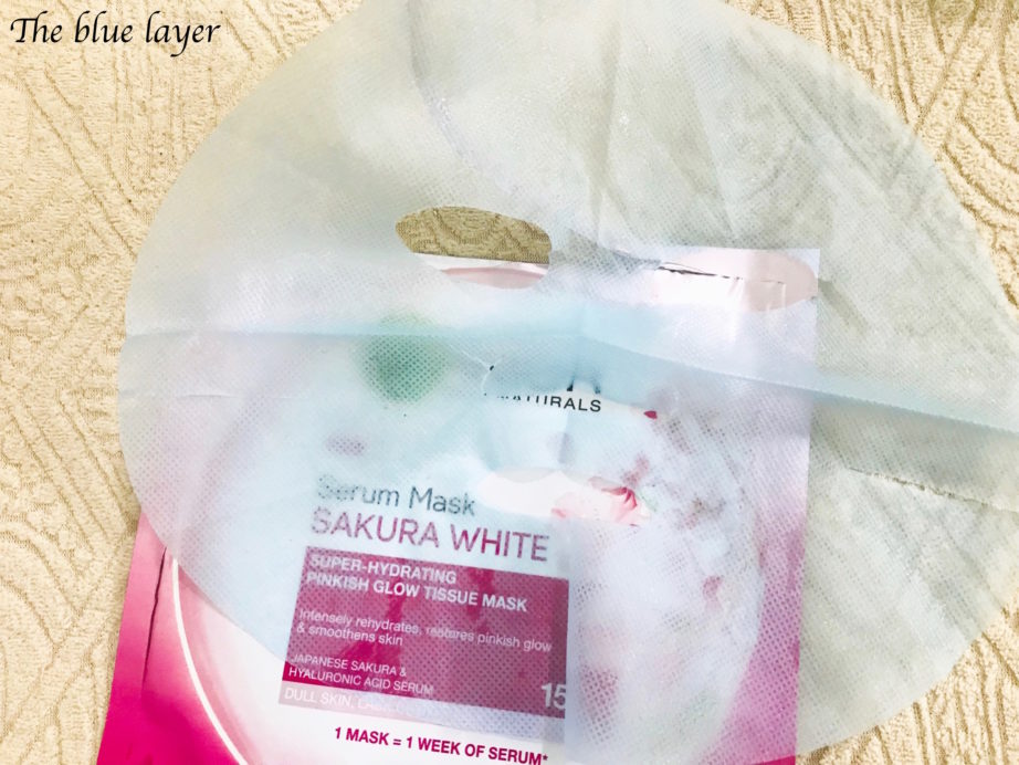Garnier Sakura White Super Hydrating Pinkish Glow Tissue Serum Mask Review blue material