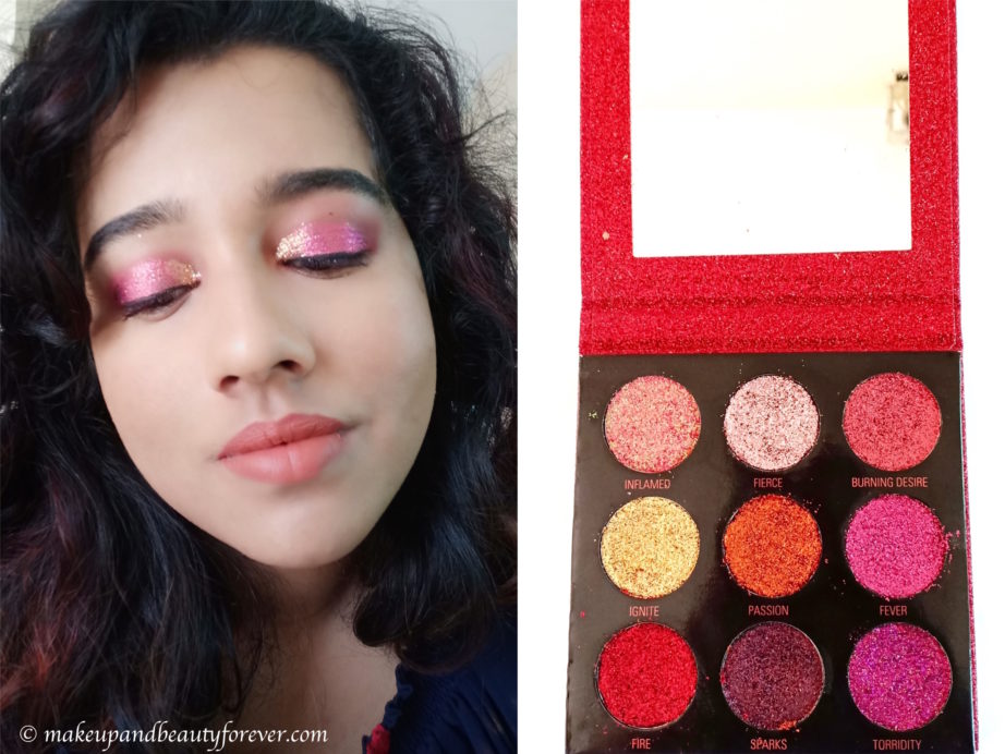 Makeup Revolution Pressed Glitter Palette Hot Pursuit Review, Swatches MBF Makeup Look Nimisha Nair 2
