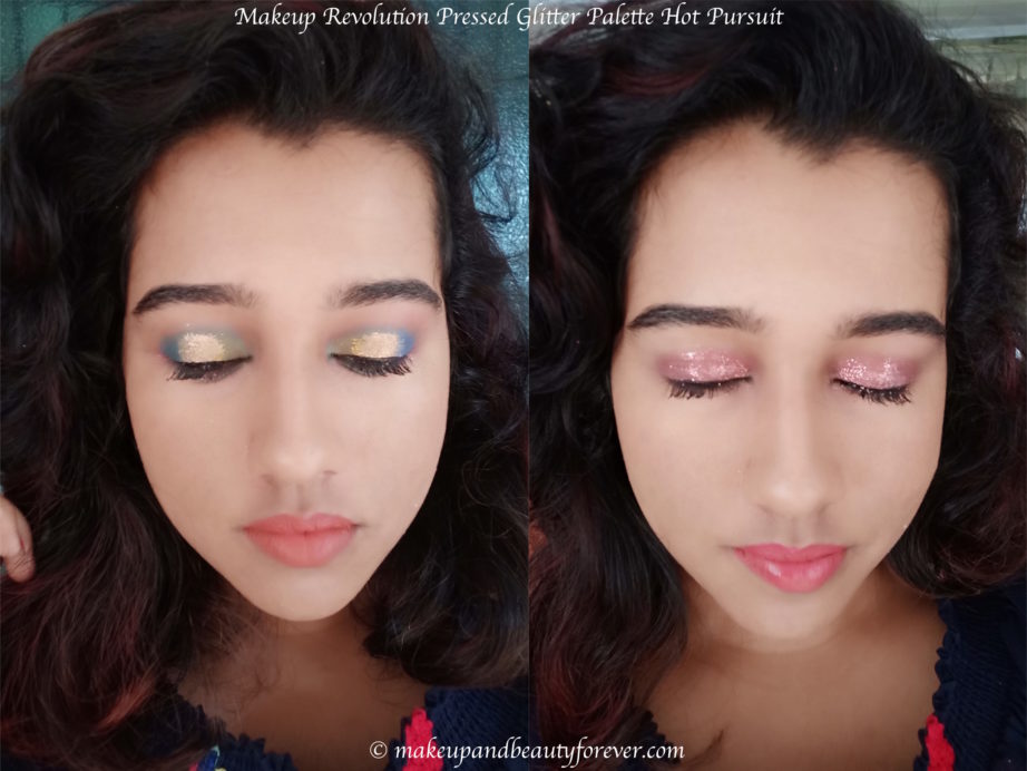 Makeup Revolution Pressed Glitter Palette Hot Pursuit Review, Swatches MBF Makeup Look Nimisha Nair