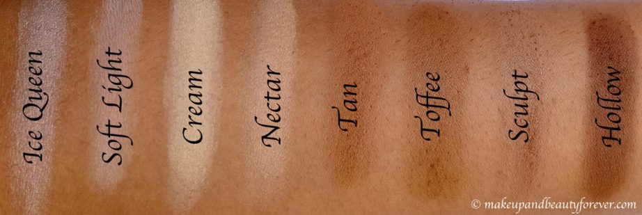 NYX Highlight & Contour Pro Palette Review, Swatches with shade names