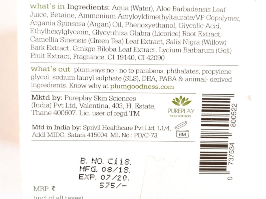 Plum Green Tea Renewed Clarity Night Gel Review, Swatches Details ingredients