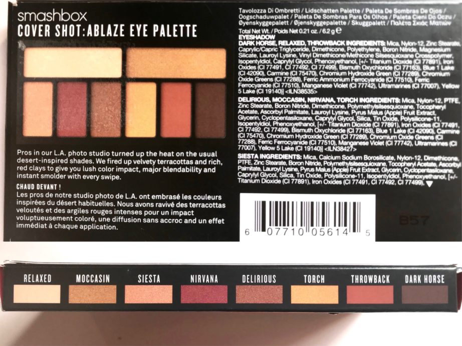 Smashbox Ablaze Cover Shot Eye Palette Review, Swatches back shade names