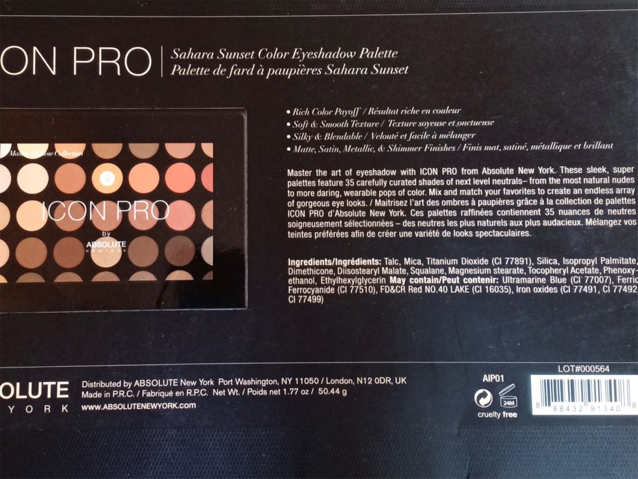 Absolute New York ICON Pro Eyeshadow Palette Sahara Sunset Review, Swatches Ingredients