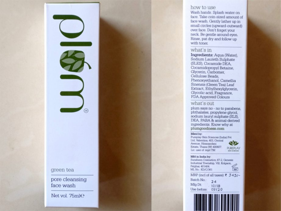 Plum Green Tea Pore Cleansing Face Wash Review, Swatches packaging