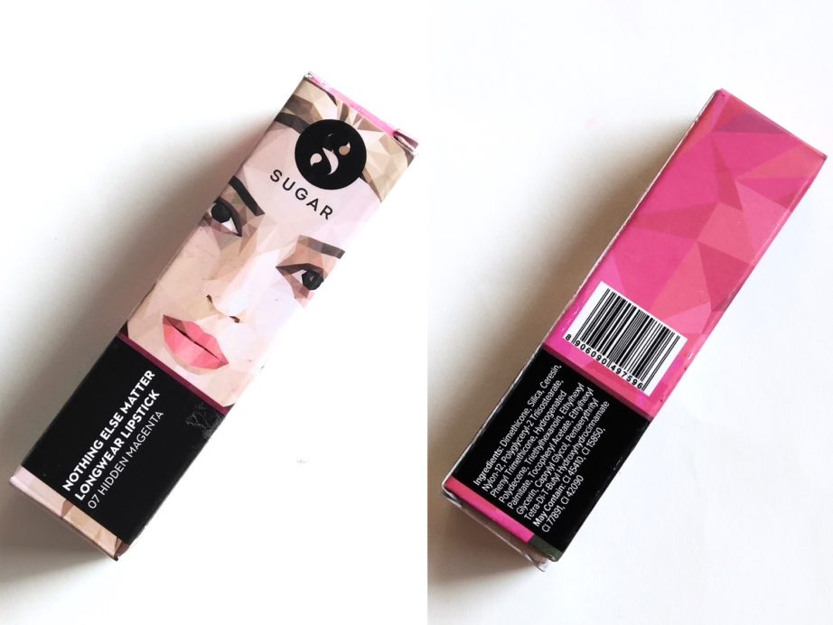 SUGAR Hidden Magenta 07 Nothing Else Matter Longwear Lipstick Review, Swatches packaging