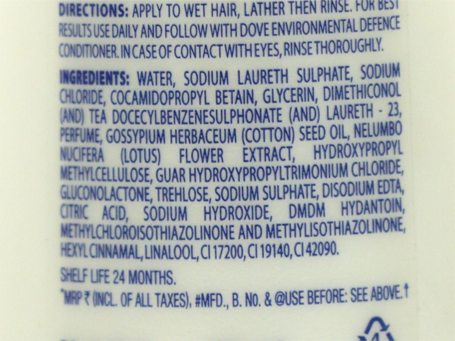 Dove Environmental Defence Shampoo Ingredients