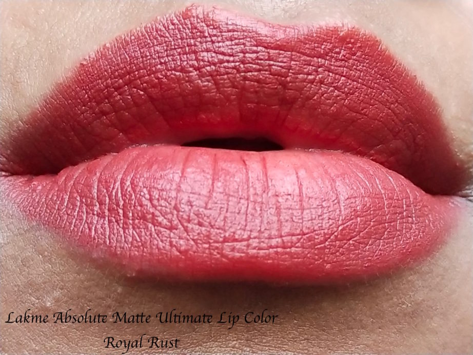 Lakme Absolute Matte Ultimate Lip Color Royal Rust Review, Swatches on Lips MBF