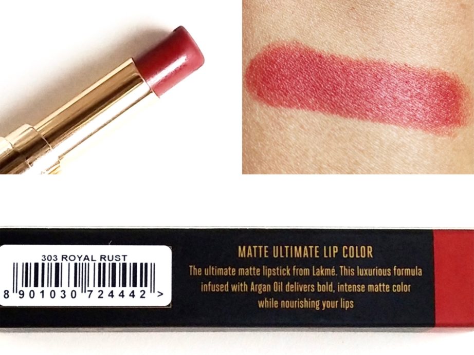 Lakme Absolute Matte Ultimate Lip Color Royal Rust Review, Swatches skin