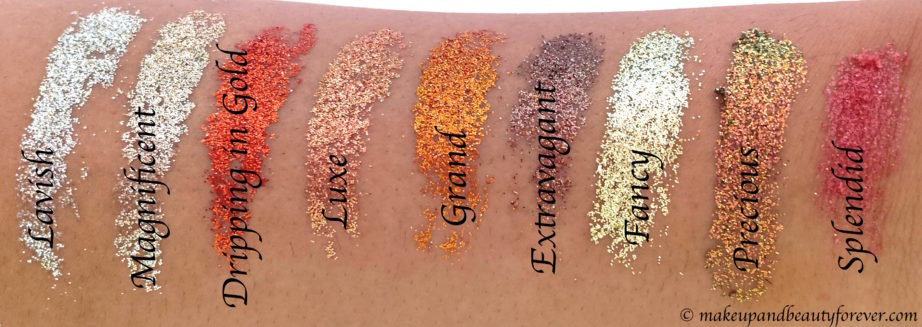Makeup Revolution Pressed Glitter Palette Midas Touch Review, Swatches with names