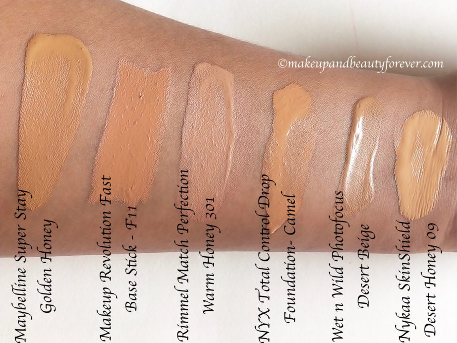 Nykaa SkinShield Anti-Pollution Matte Foundation Review, Swatches - Desert Honey 09 with Maybelline superstay, Rimmel, Makeup Revolution, NYX Camel, Wet n Wild Photofocus
