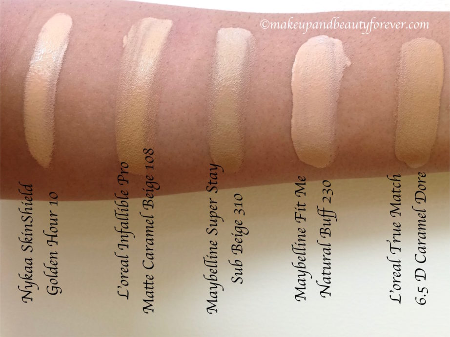 Nykaa SkinShield Anti-Pollution Matte Foundation swatches with loreal infallible true match maybelline super stay fit me foundations MBF Blog