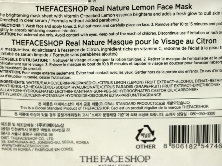The Face Shop Lemon Real Nature Face Mask Review ingredients
