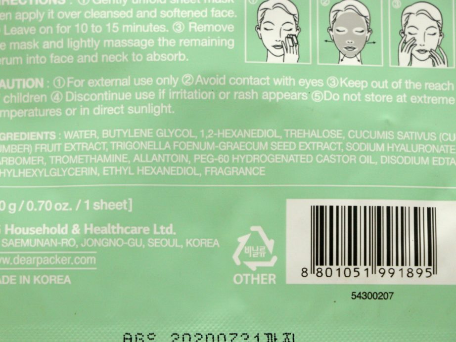 DearPacker Fenugreek + Cucumber Home Remedy Cooling Mask Review ingredients