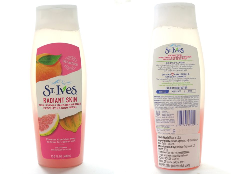 St. Ives Radiant Skin Pink Lemon & Mandarin Orange Exfoliating Body Wash Review front n back