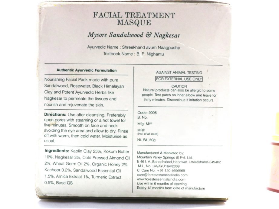 Forest Essentials Mysore Sandalwood & Nagkesar Facial Treatment Masque Review ingredients info