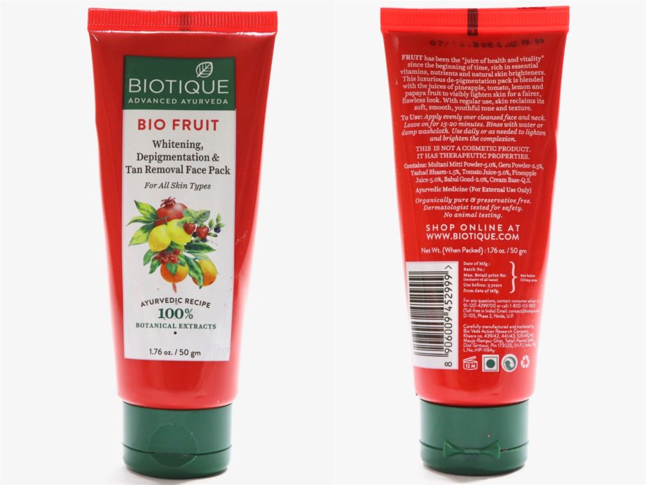 Biotique Bio Fruit Whitening & Depigmentation Tan Removal Face Pack Review MBF Blog