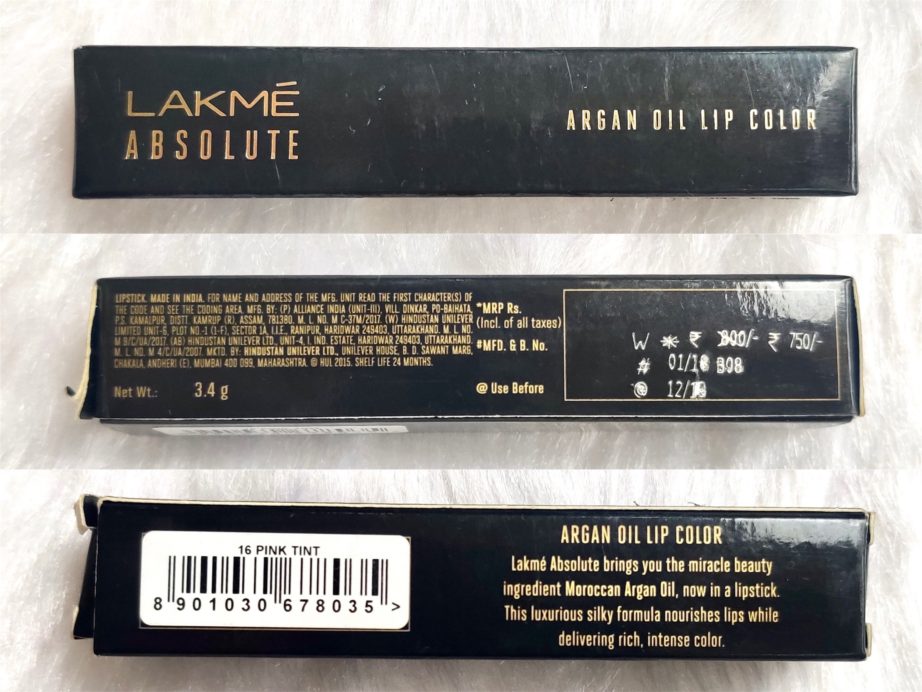 Lakme Pink Tint Absolute Argan Oil Lip Color Review, Swatches packaging