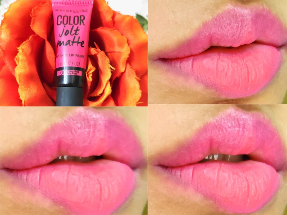 Maybelline Flaunting My Pink 08 Color Jolt Matte Intense Lip Paint Review, Swatches on Lips