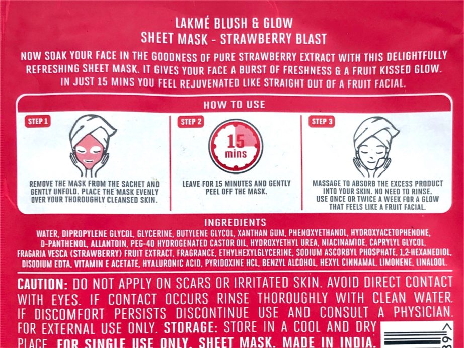 Lakme Blush & Glow Strawberry Sheet Mask Review Ingredients