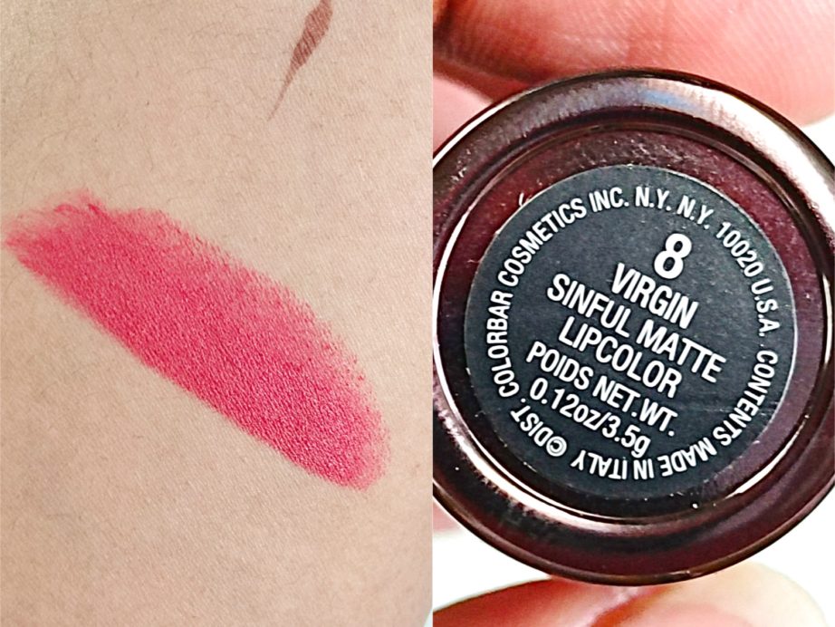Colorbar Virgin Sinful Matte Lipcolor Review, Swatches hand