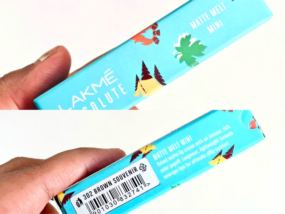 Lakme Brown Souvenir Absolute Matte Melt Mini Liquid Lip Color Review, Swatches packaging