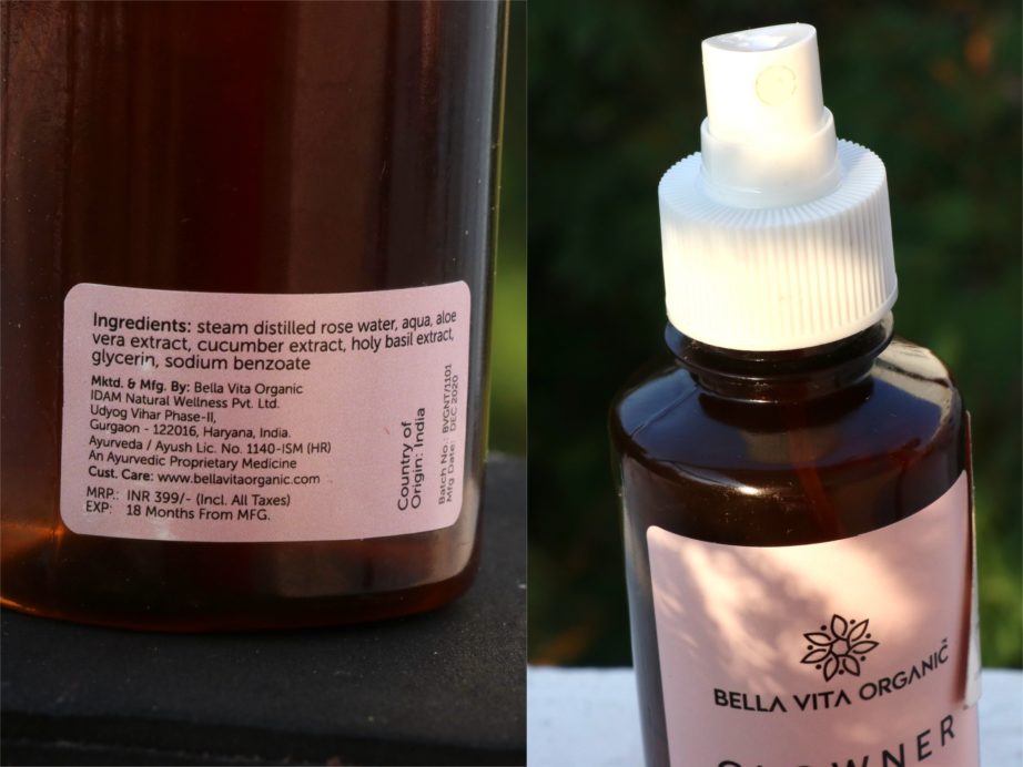 Bella Vita Organic Glowner Rose Water Face Mist & Toner Review Ingredients